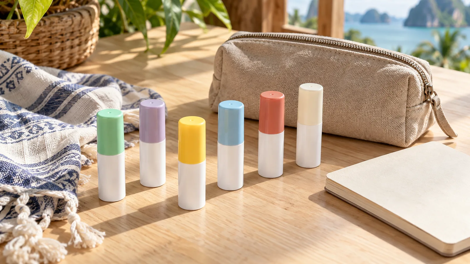 Six colorful unbranded aromatic inhalers arranged with travel accessories on a bright tabletop