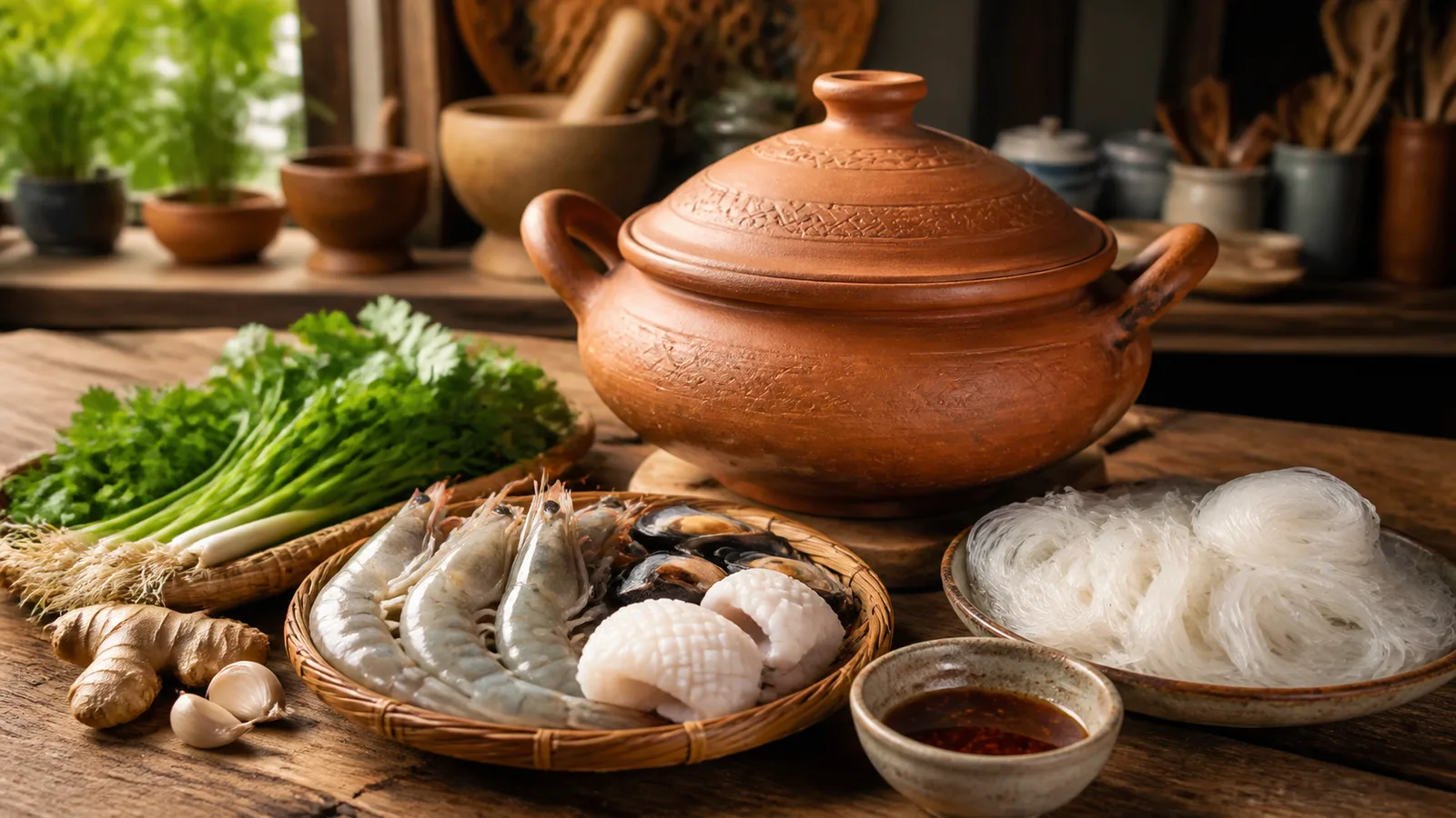Premium Thai kitchen scene with clay pot seafood ingredients and glass noodles prepared for cooking