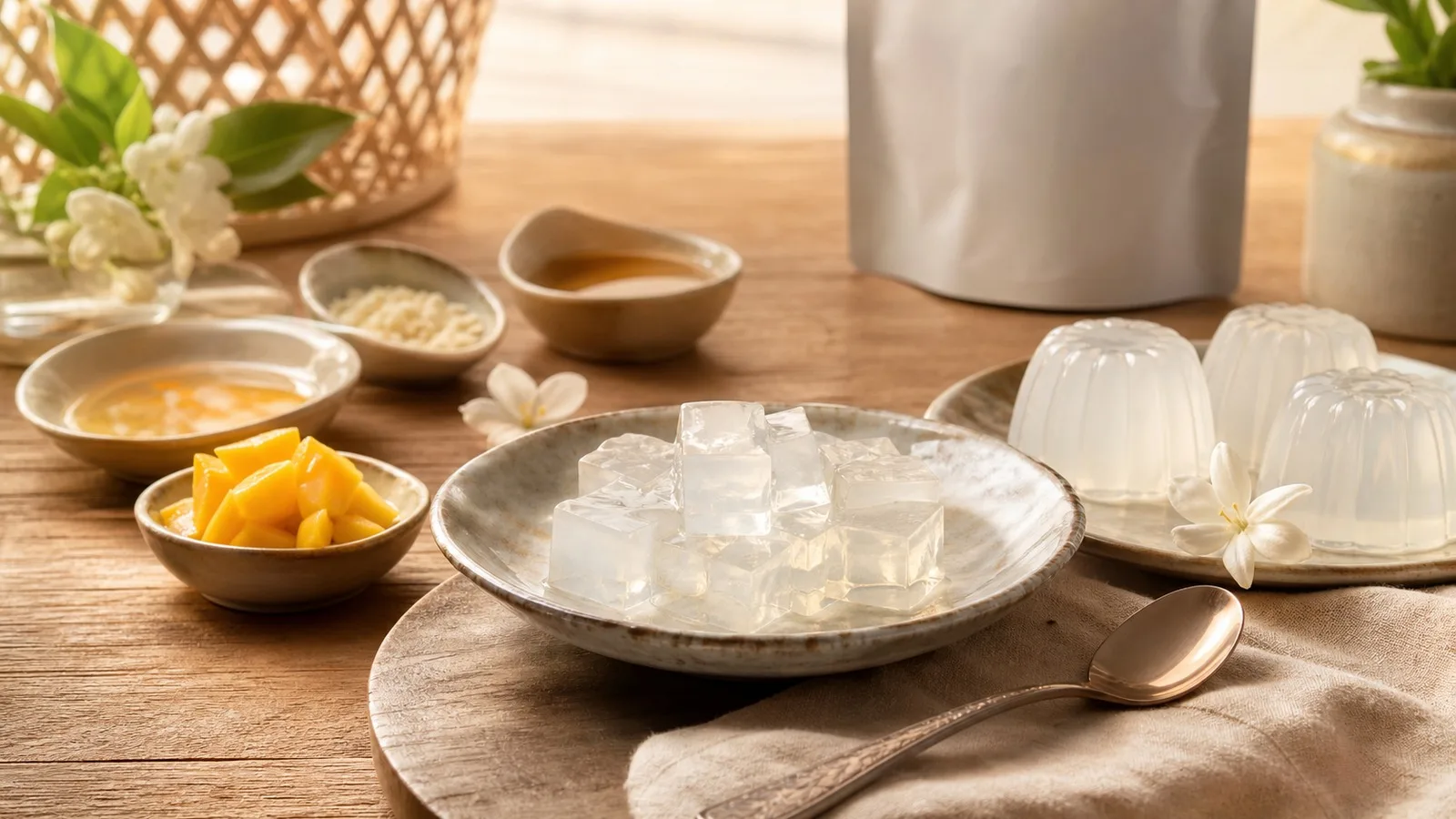 Premium photorealistic Thai dessert tabletop with clear jasmine agar cubes, ceramic bowls, syrup, fruit, jasmine flowers, and warm natural light