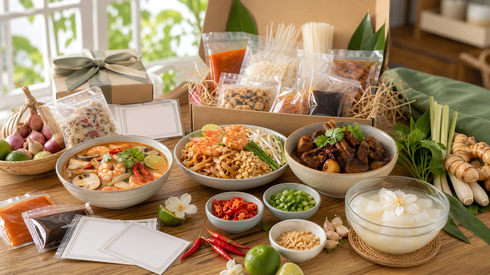 Generated Thai pantry meal kit and beverage planning scene for overseas home cooks and gift buyers