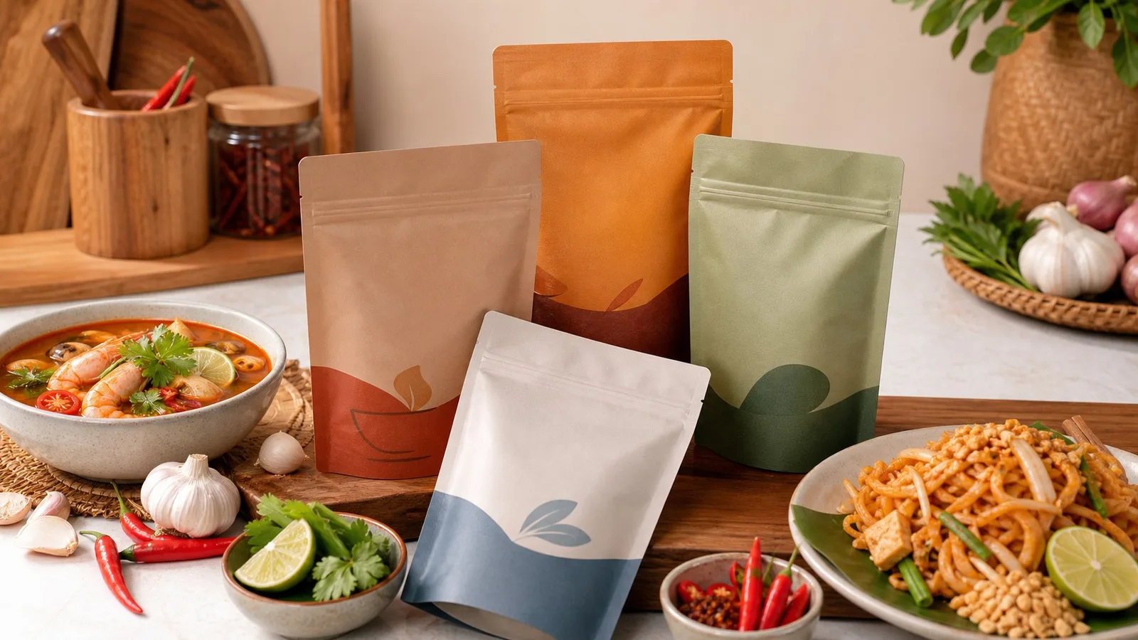 Warm premium tabletop photo of generic Thai meal seasoning pouches with soup, noodles, herbs, chili, lime, and garlic.