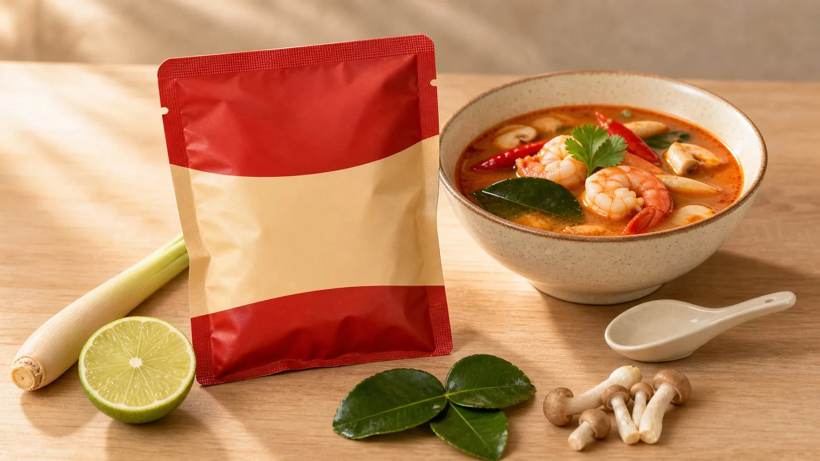 Premium warm tabletop scene with a generic red cream seasoning pouch and tom yum style soup bowl