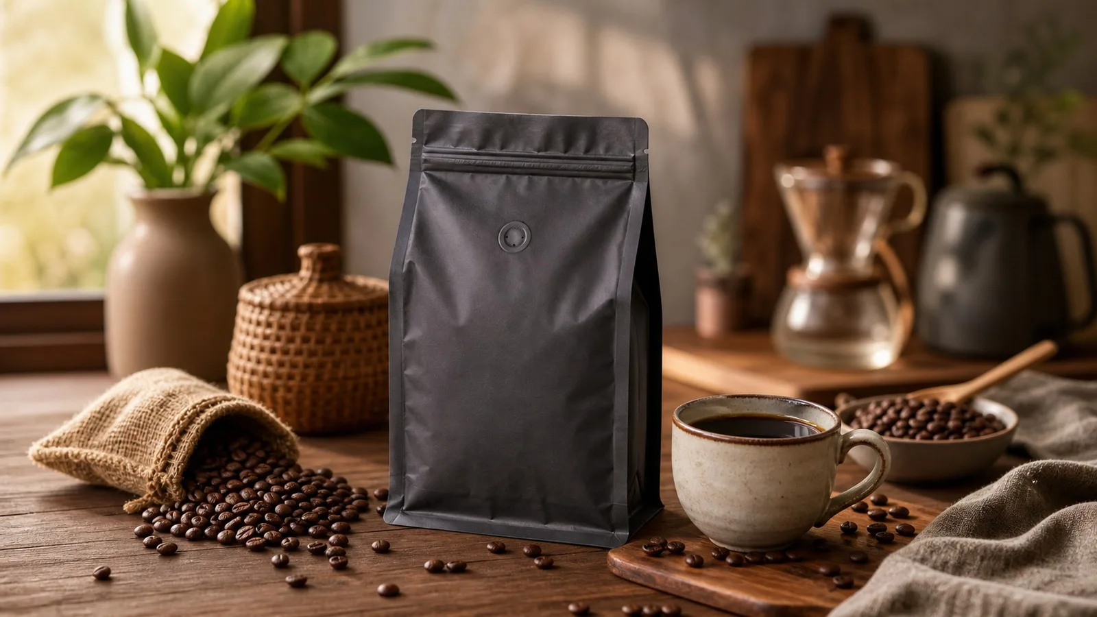Warm photorealistic cafe-at-home tabletop with generic coffee pouch, whole coffee beans, and brewed coffee cup