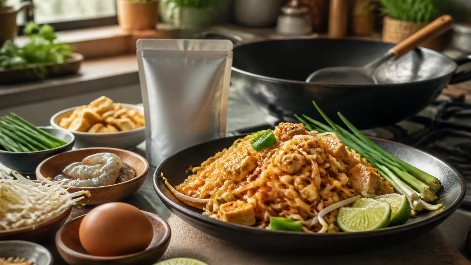 Prepared Pad Thai noodles beside an unopened sauce pouch, fresh vegetables, lime, and cooking utensils on a kitchen counter