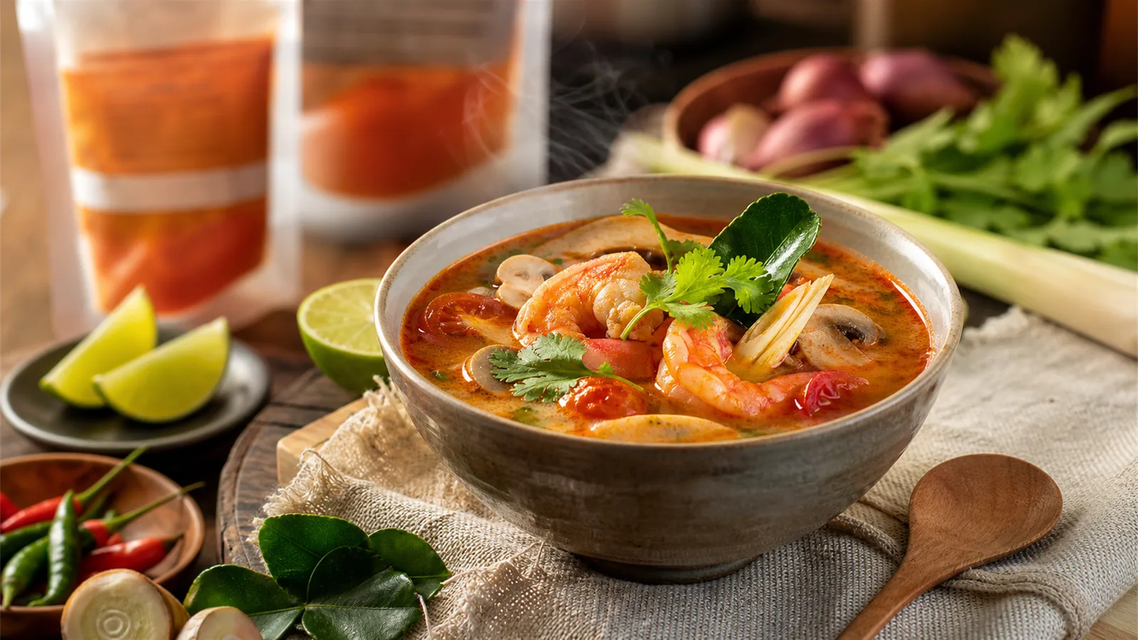 Premium photorealistic Tom Yum soup pantry scene with Thai ingredients for Maha Thai Pantry guide