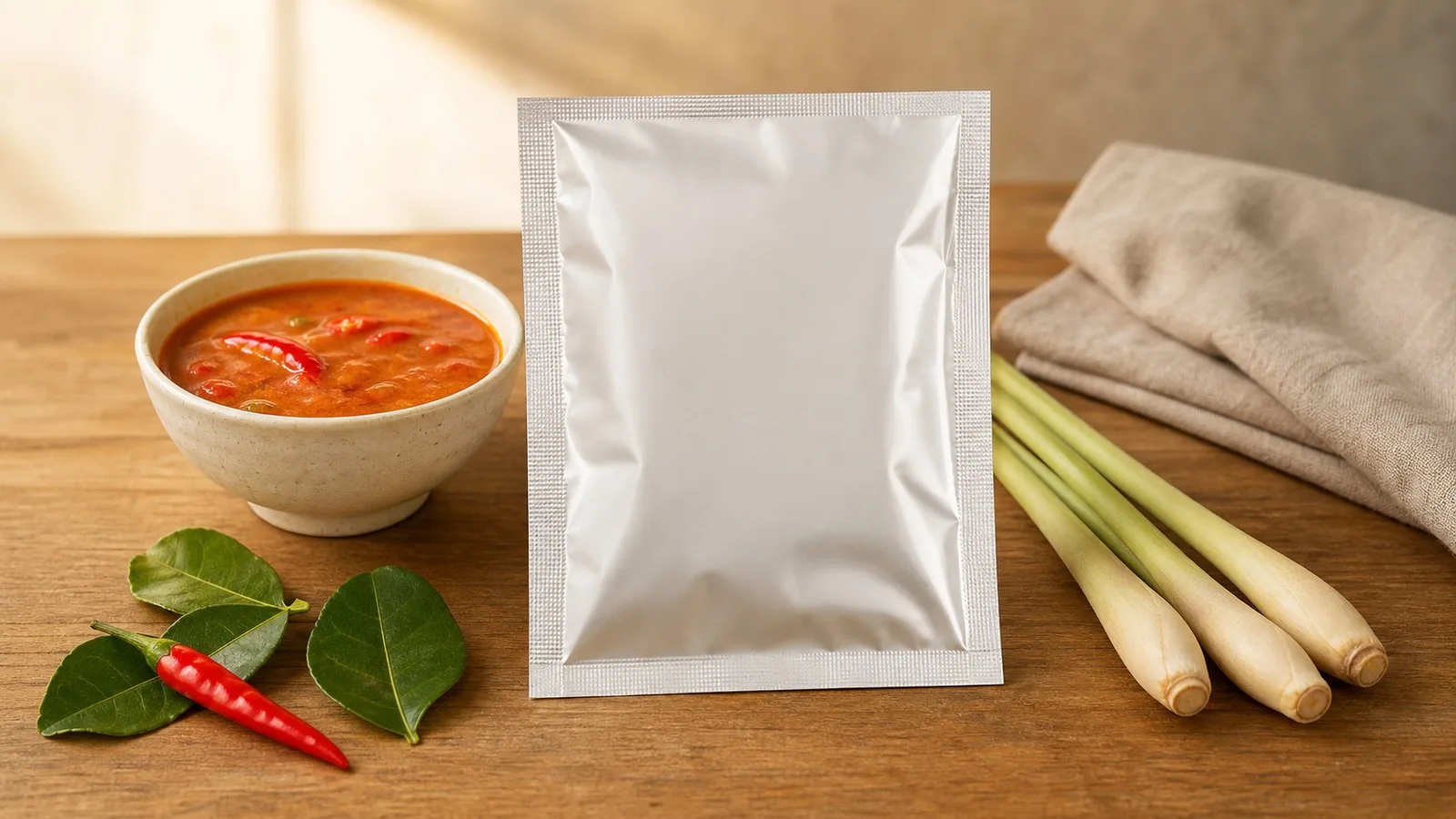 Warm photorealistic Thai pantry tabletop with generic seasoning pouch, red-orange sauce bowl, lemongrass, lime leaves, and chili