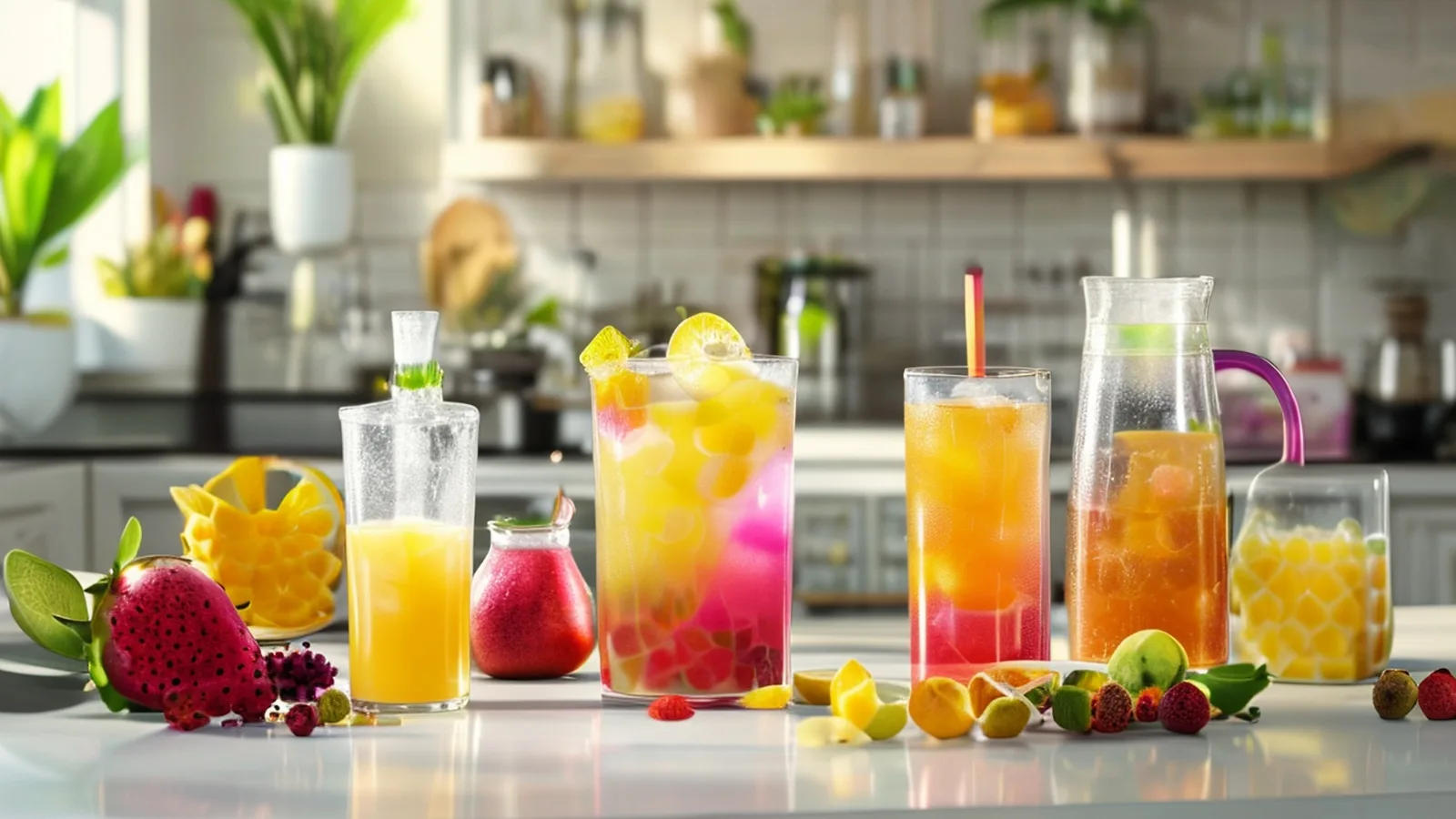 Generated Thai cafe-at-home counter with colorful fruit squash drinks, iced tea, fresh fruit, and a gift box