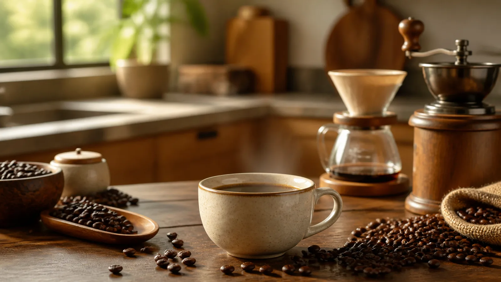 Premium warm kitchen coffee scene with whole beans and brewing tools inspired by Doi Chaang Thai coffee