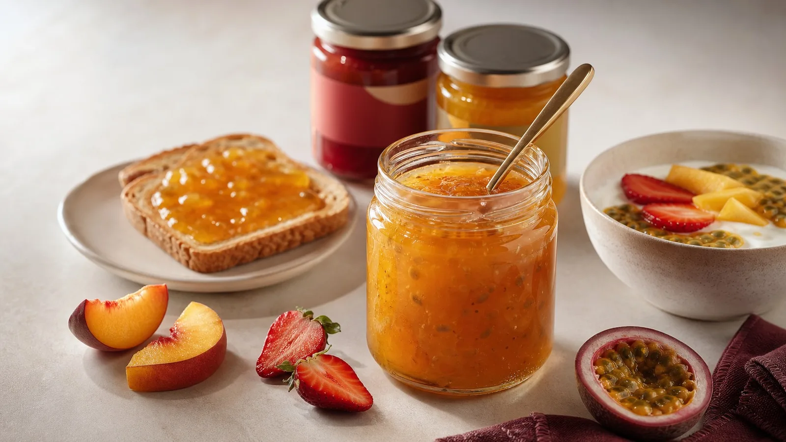 Warm premium tabletop image of generic fruit spread jars with toast, yogurt, and fruit for a Thai pantry guide.