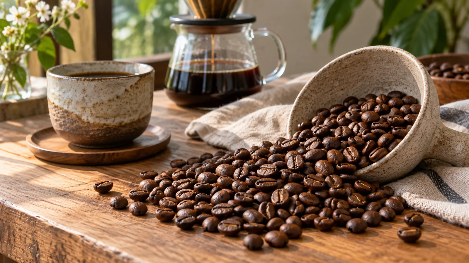 Whole coffee beans beside a ceramic cup and pour-over brewer in warm morning light