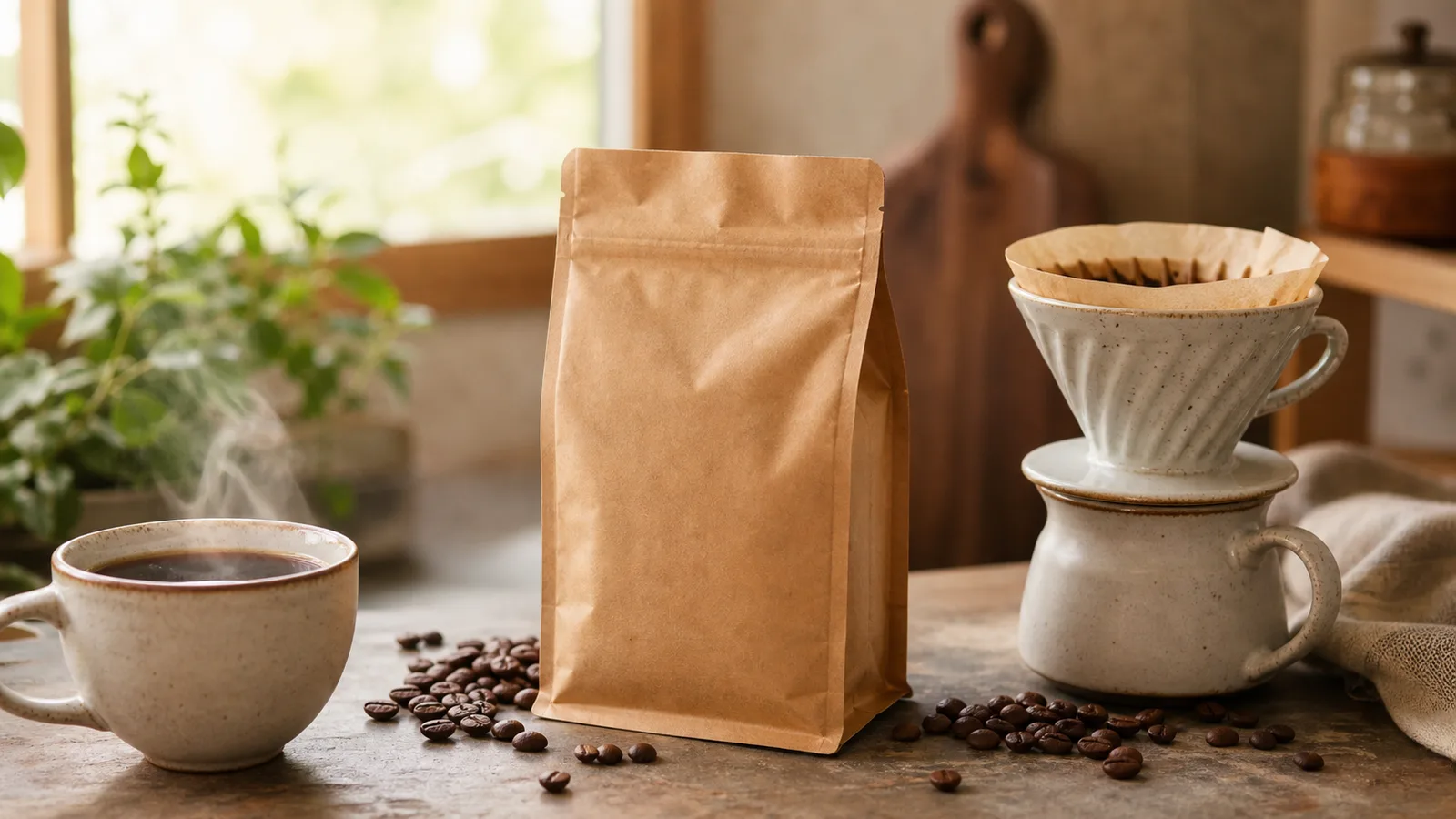 Premium photorealistic cafe-at-home scene with whole coffee beans, a pour-over dripper, a ceramic cup, and warm morning light
