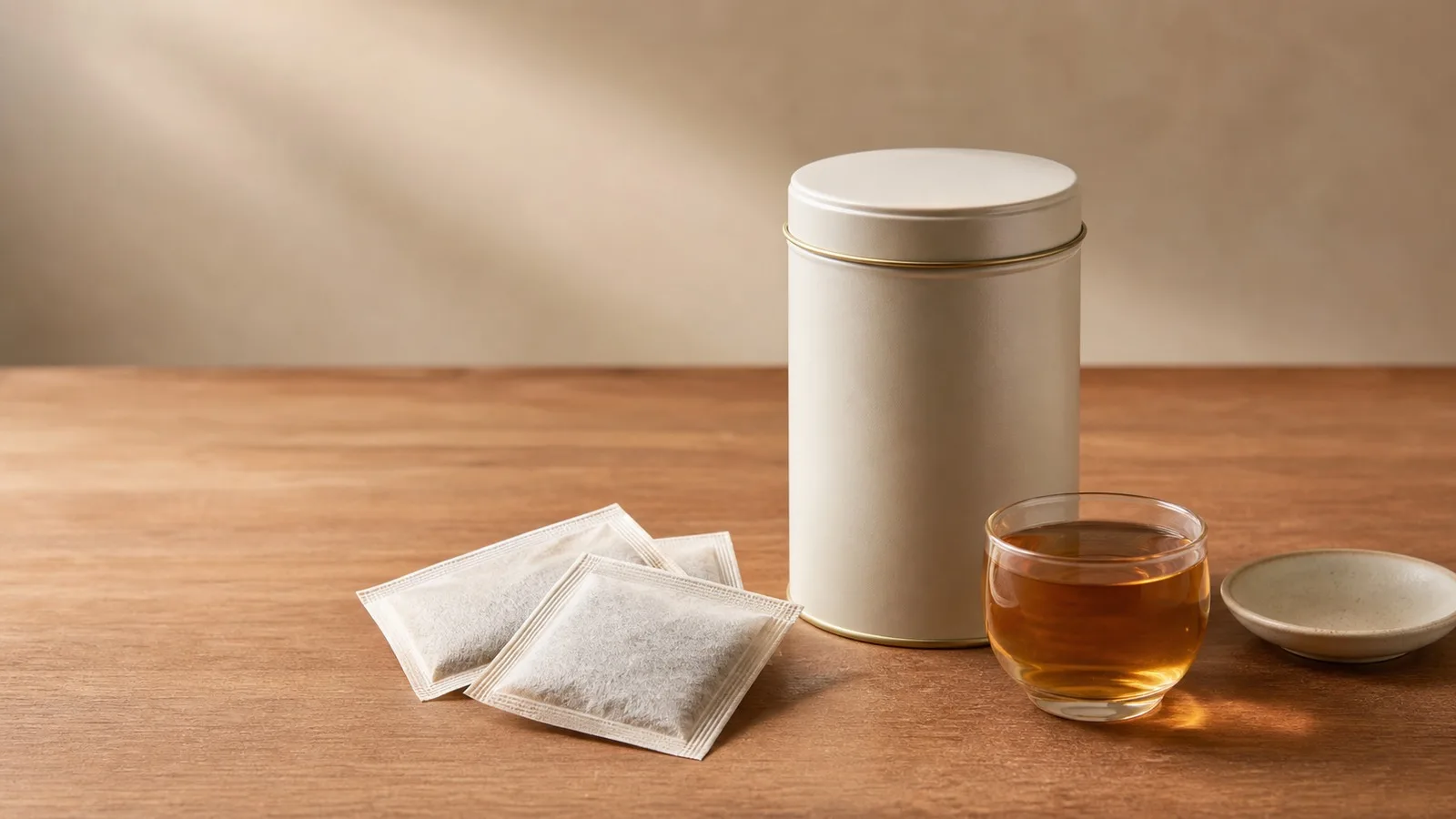 Premium warm tabletop scene with a generic tea tin, filter sachets, and amber oolong tea