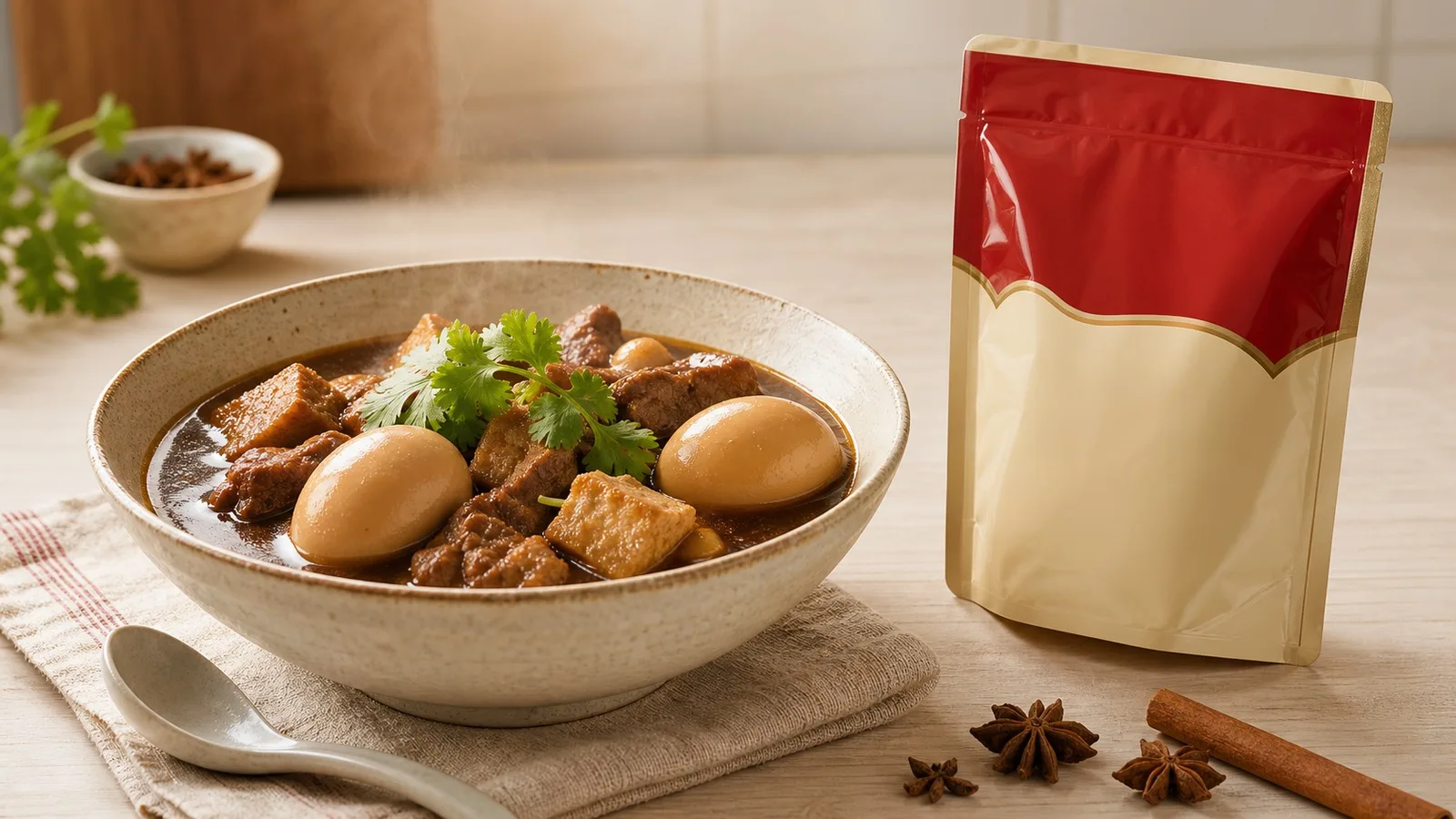 Warm photorealistic Thai Pa-Lo bowl with eggs and generic red cream pantry pouch on a clean tabletop