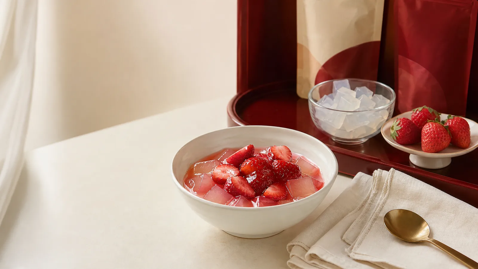 Photorealistic Thai dessert pantry cover with agar jelly, strawberry topping, and warm burgundy tabletop styling.