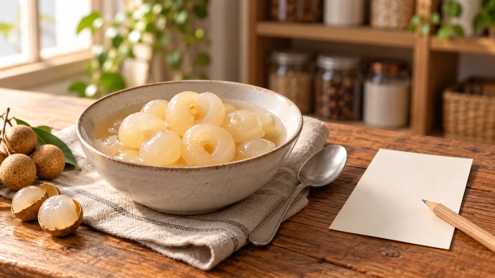 A premium pantry-planning still life with an unlabeled bowl of peeled longan-like fruit, a neutral serving spoon, blank inventory card and softly lit shelving, with no packaging or text.