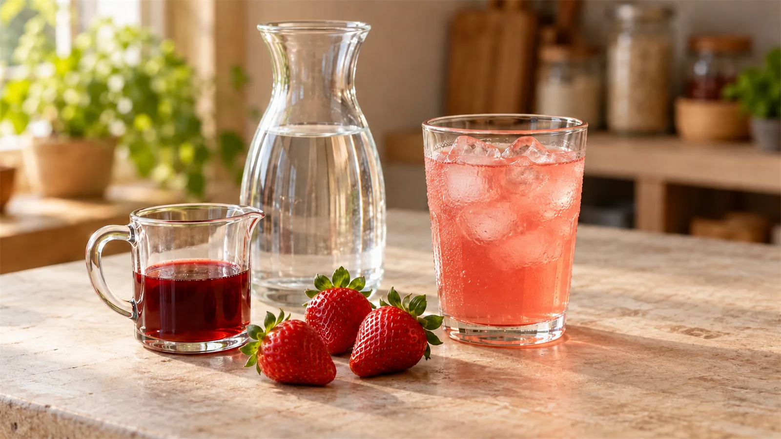 Measured strawberry squash concentrate, water carafe, and a finished iced drink arranged for dilution and serving planning