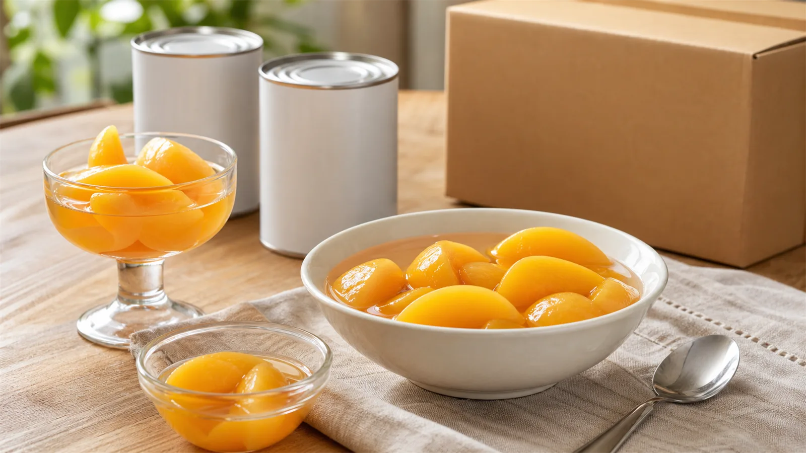 Premium photorealistic Thai dessert pantry tabletop with peach slices in syrup, bowls, spoons, glassware, and plain cartons