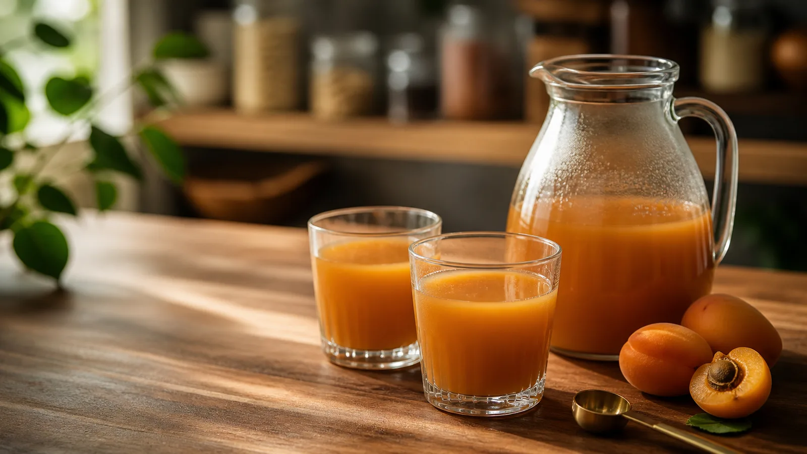 Unbranded amber apricot squash drink in a pitcher and glasses on a teak counter