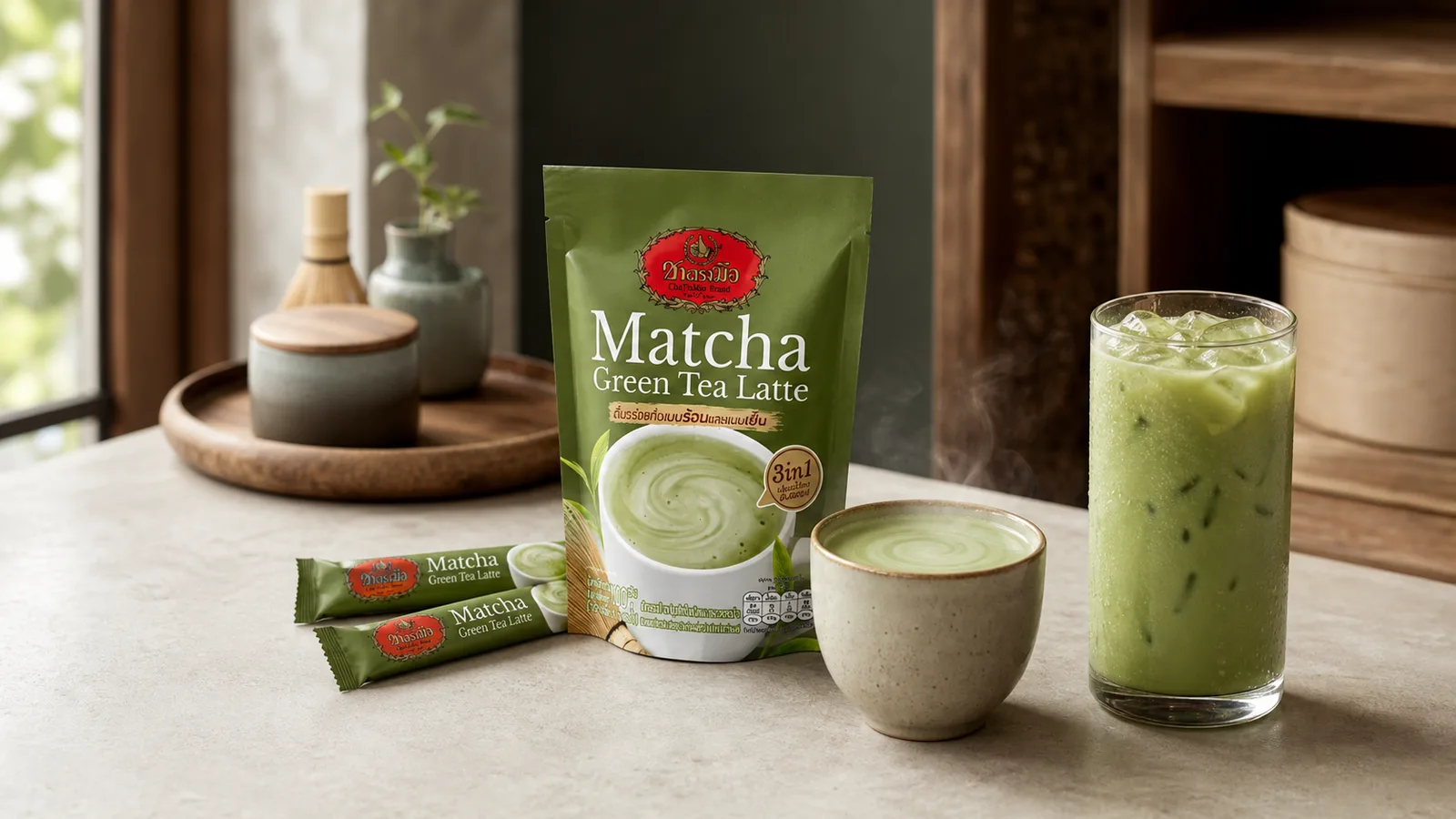 ChaTraMue matcha green tea latte sachets beside one hot cup and one iced glass of pale green matcha latte