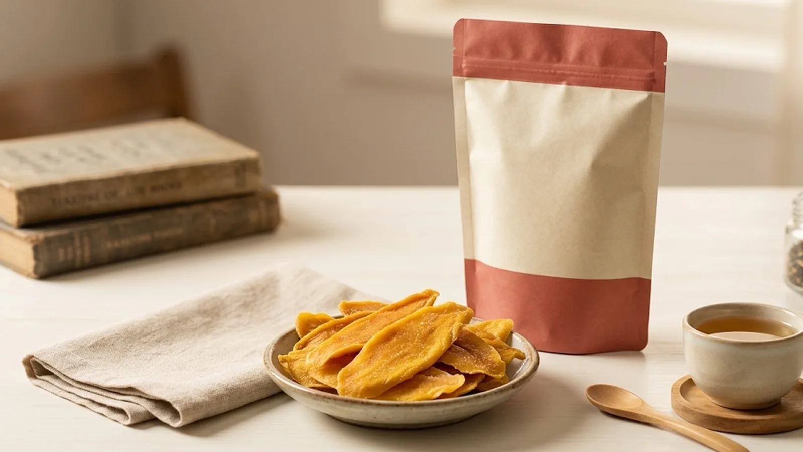 Warm photorealistic dried mango snack bowl with a generic red cream pantry pouch and tea cup