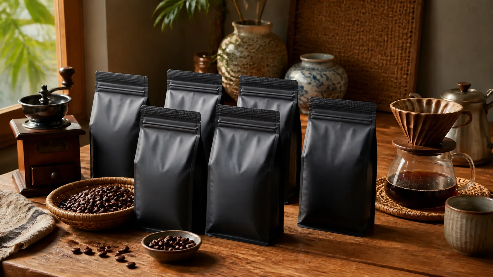 Premium photorealistic Thai coffee pantry and brewing scene with generic unbranded coffee bags for Maha Thai Pantry guide