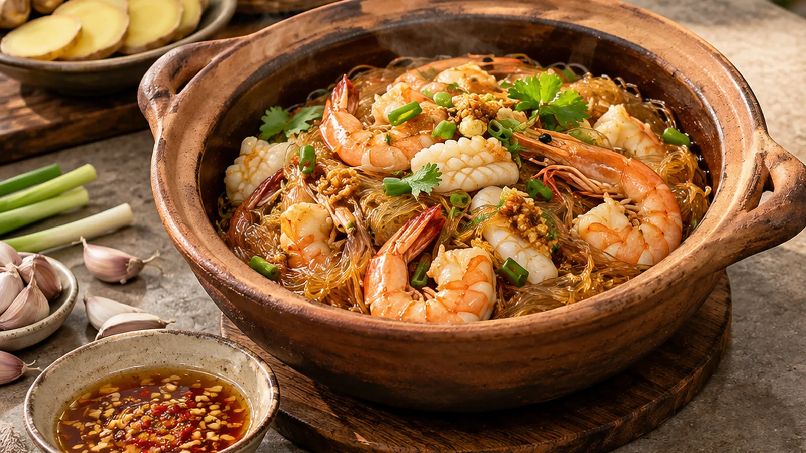 Clay-pot seafood and glass noodles with fresh aromatics in a warm food-editorial scene.