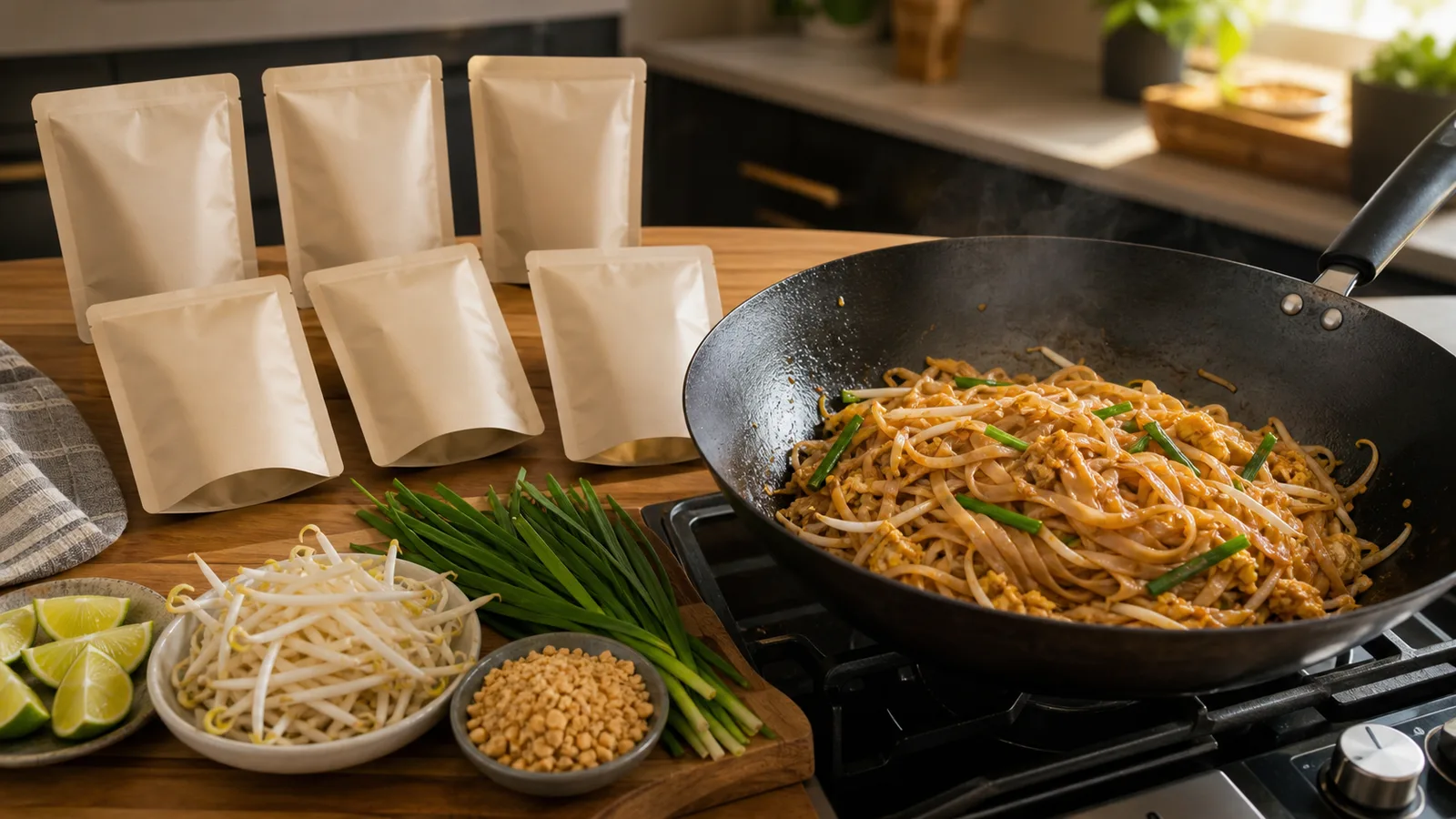 Prepared rice noodles in a wok with lime, bean sprouts, chives, and pantry sauce pouches arranged nearby