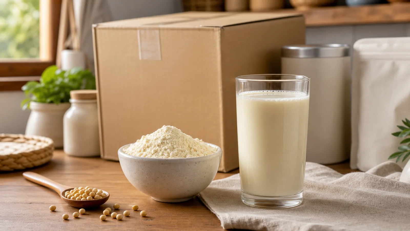 Premium photorealistic Thai pantry tabletop with a glass of soya beverage, small bowl of pale powder, spoon, neutral cloth, and plain cartons