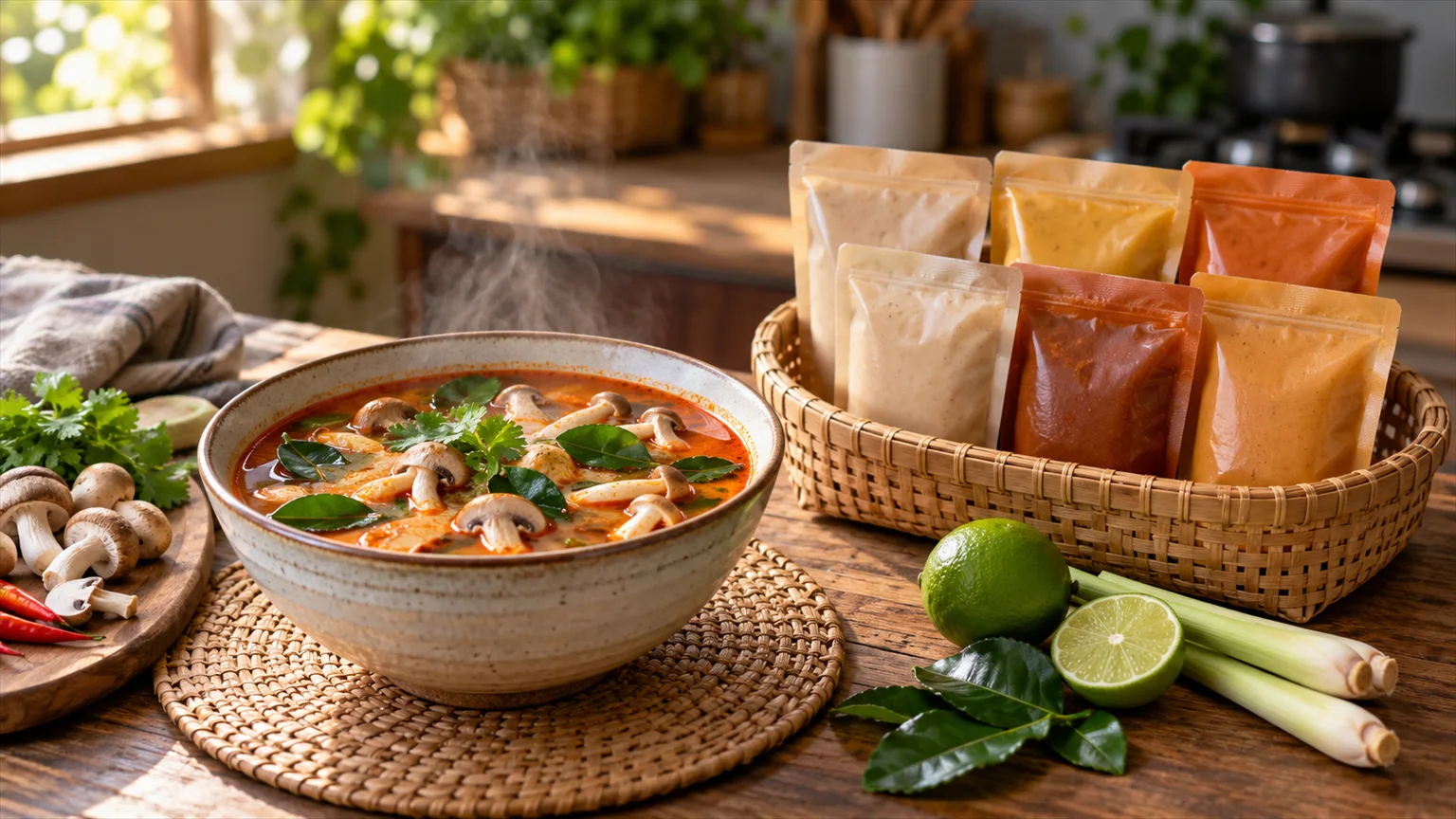 Warm tom yum-style soup and six unbranded pantry pouches arranged for weeknight planning