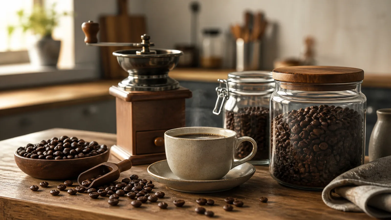 Whole bean coffee brewing setup on a warm kitchen counter with ceramic cup, grinder, and storage jars, no text or logos