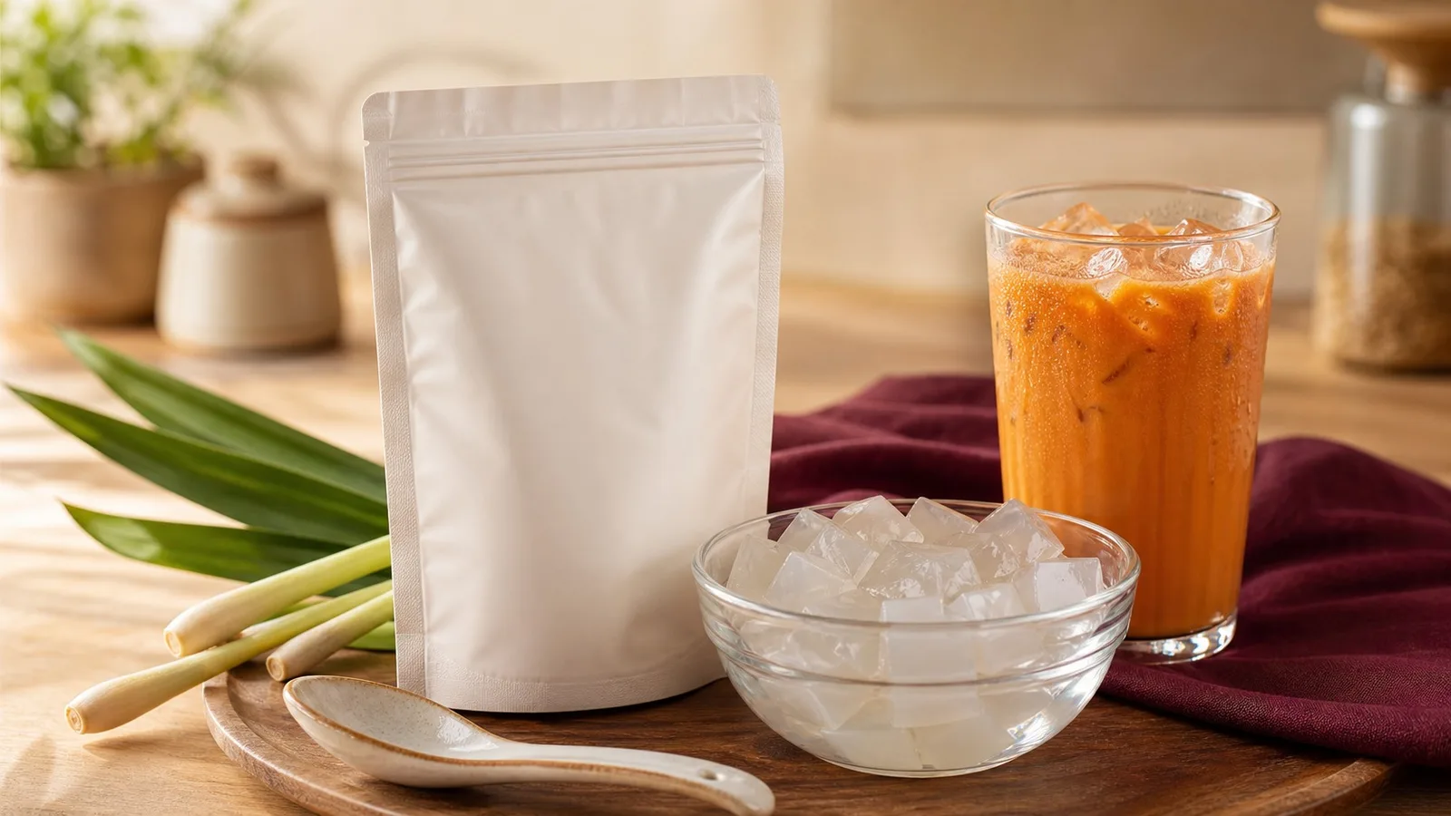 Thai dessert pantry scene with agar jelly, Thai tea, and a generic dessert mix package