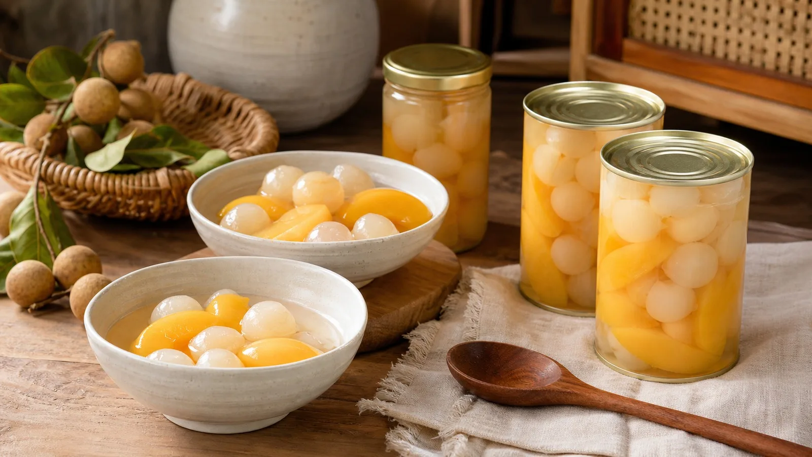 Warm Thai pantry dessert scene with fruit in syrup and chilled serving bowls