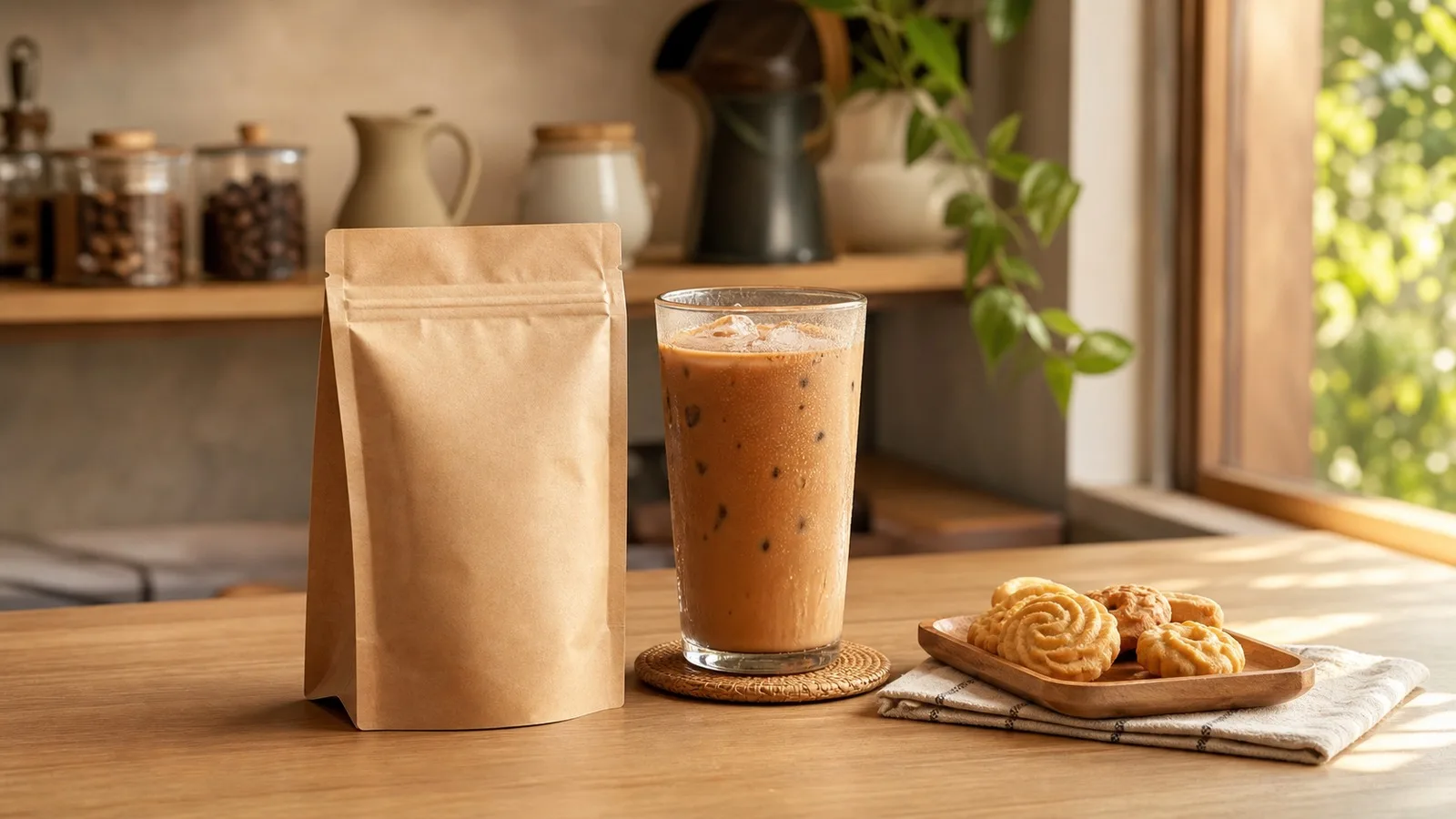 Warm photorealistic cafe tabletop with a generic coffee pouch, iced coffee glass, and simple snack tray