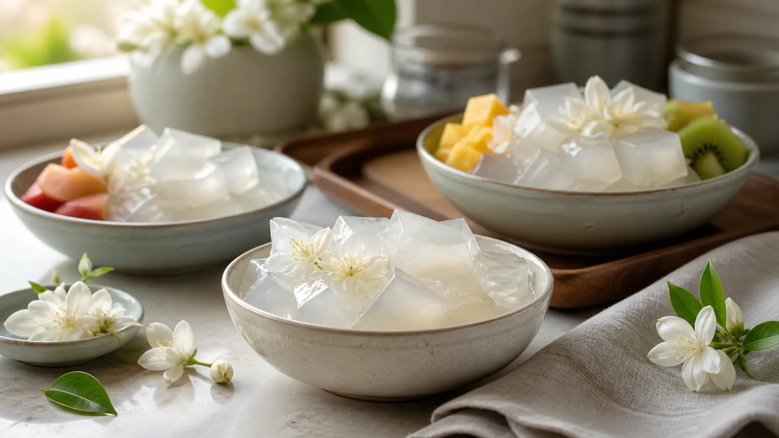 Premium Thai dessert kitchen scene with jasmine agar dessert bowls, fruit, and soft natural light