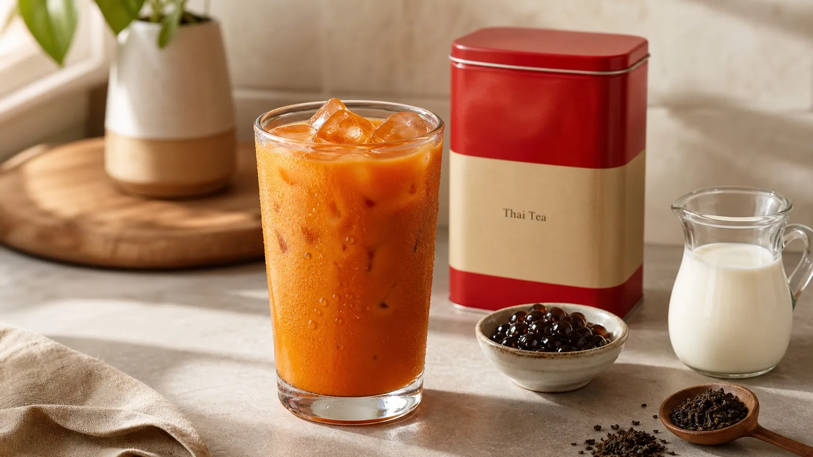 Photorealistic Thai iced tea cafe-at-home pantry scene with tea tin, pearls, and milk