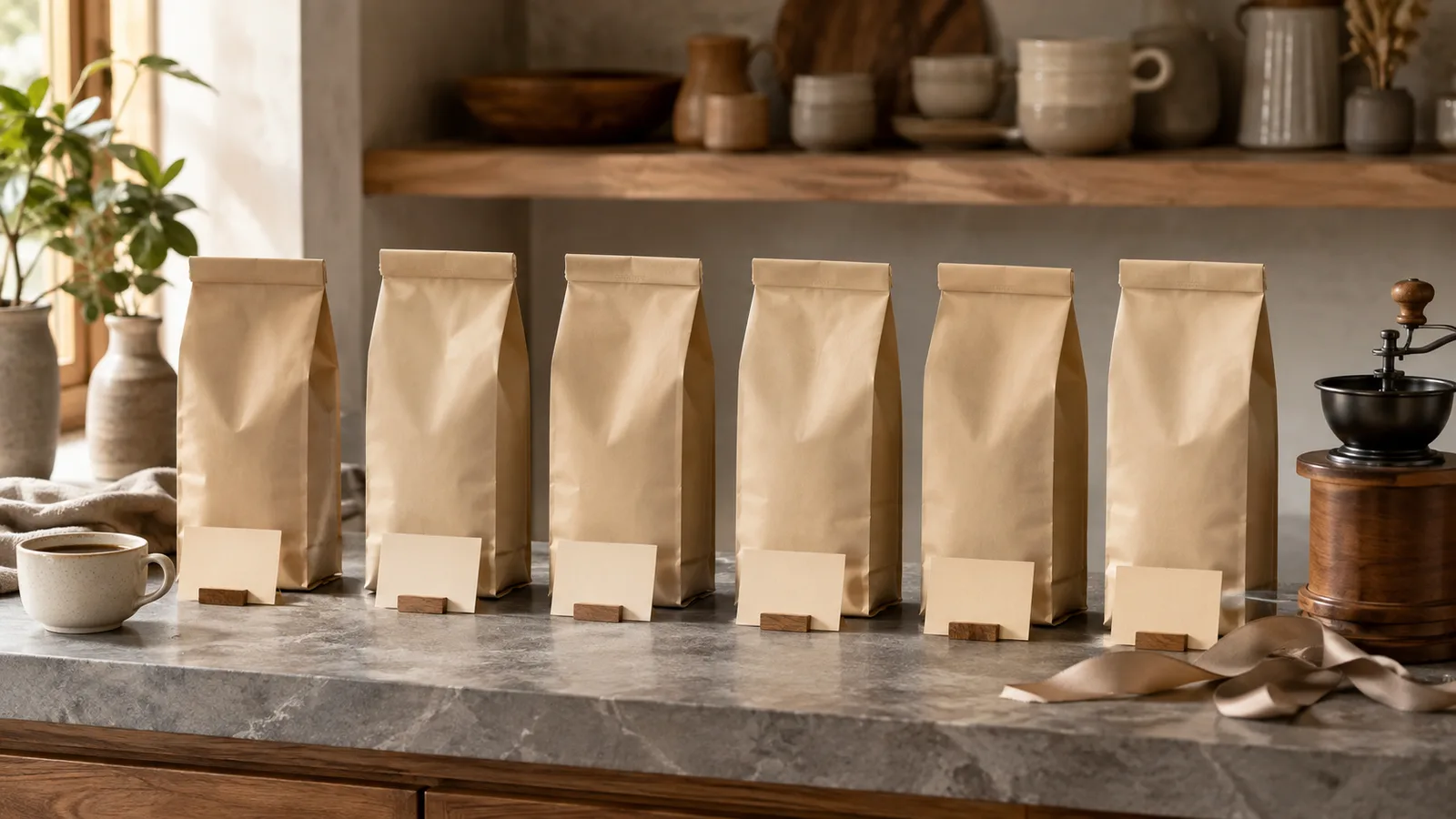 Premium photorealistic 16:9 editorial pantry cover showing six elegant unbranded sealed coffee bags arranged in a calm first-in-first-open row beside a ceramic cup, hand grinder, small blank removable shelf cards, and a tasteful gift ribbon, warm natural morning light, refined wood and stone textures, realistic depth of field, generous negative space, no people, no title text, no fake UI, no prices, no labels, no logos, no certifications, no unsupported claims, no collage, no placeholder, no rough cutout
