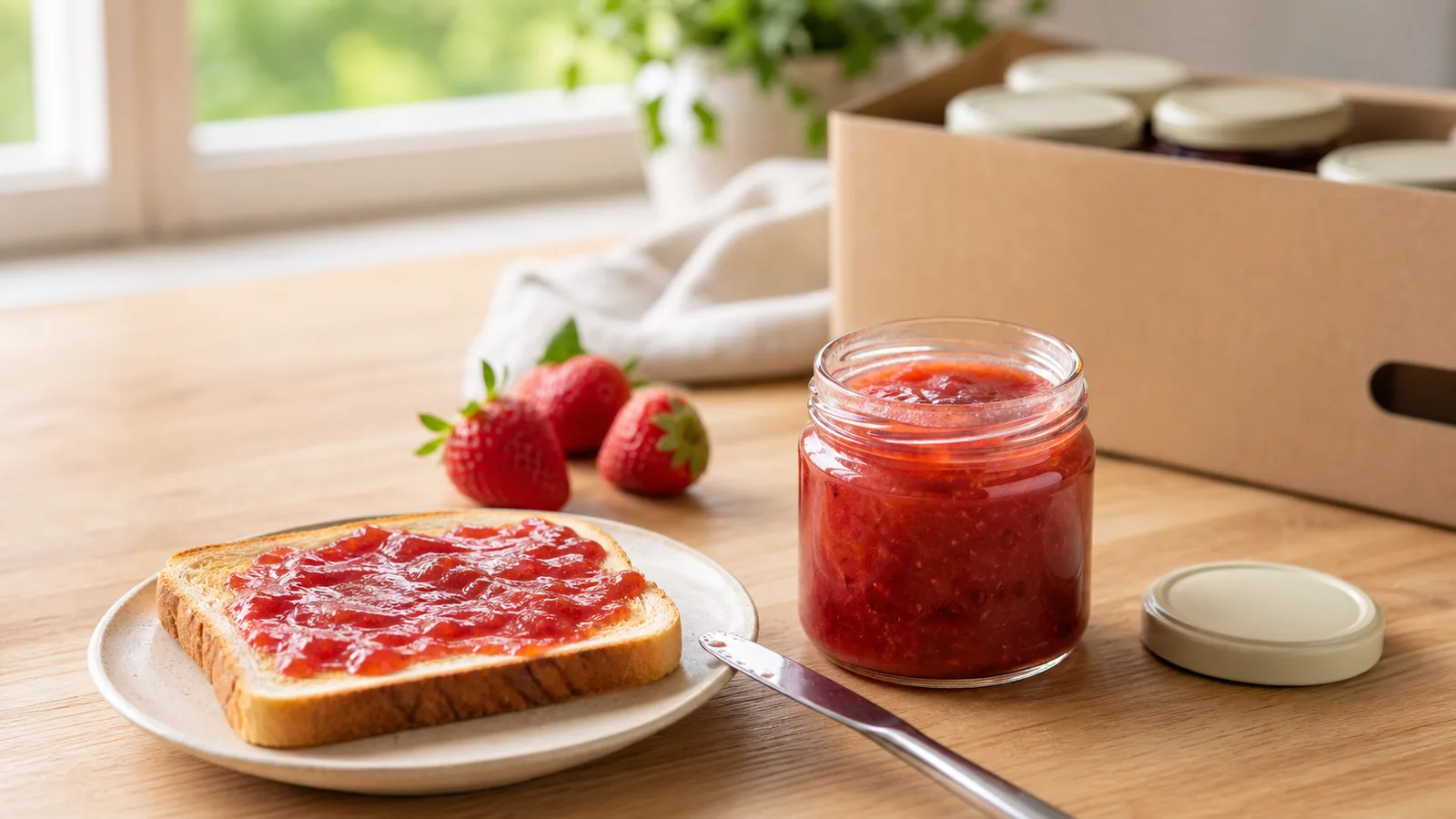 Strawberry spread in an unbranded glass jar beside toast and fresh strawberries on a bright pantry table
