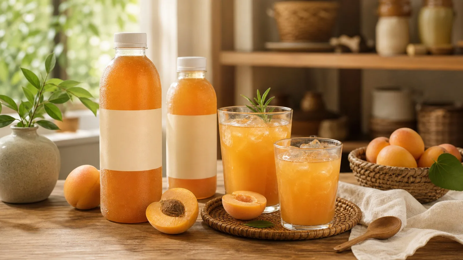 Warm photorealistic cafe tabletop with apricot-colored drinks, generic bottles, ice, apricots, glasses, and a pantry tray