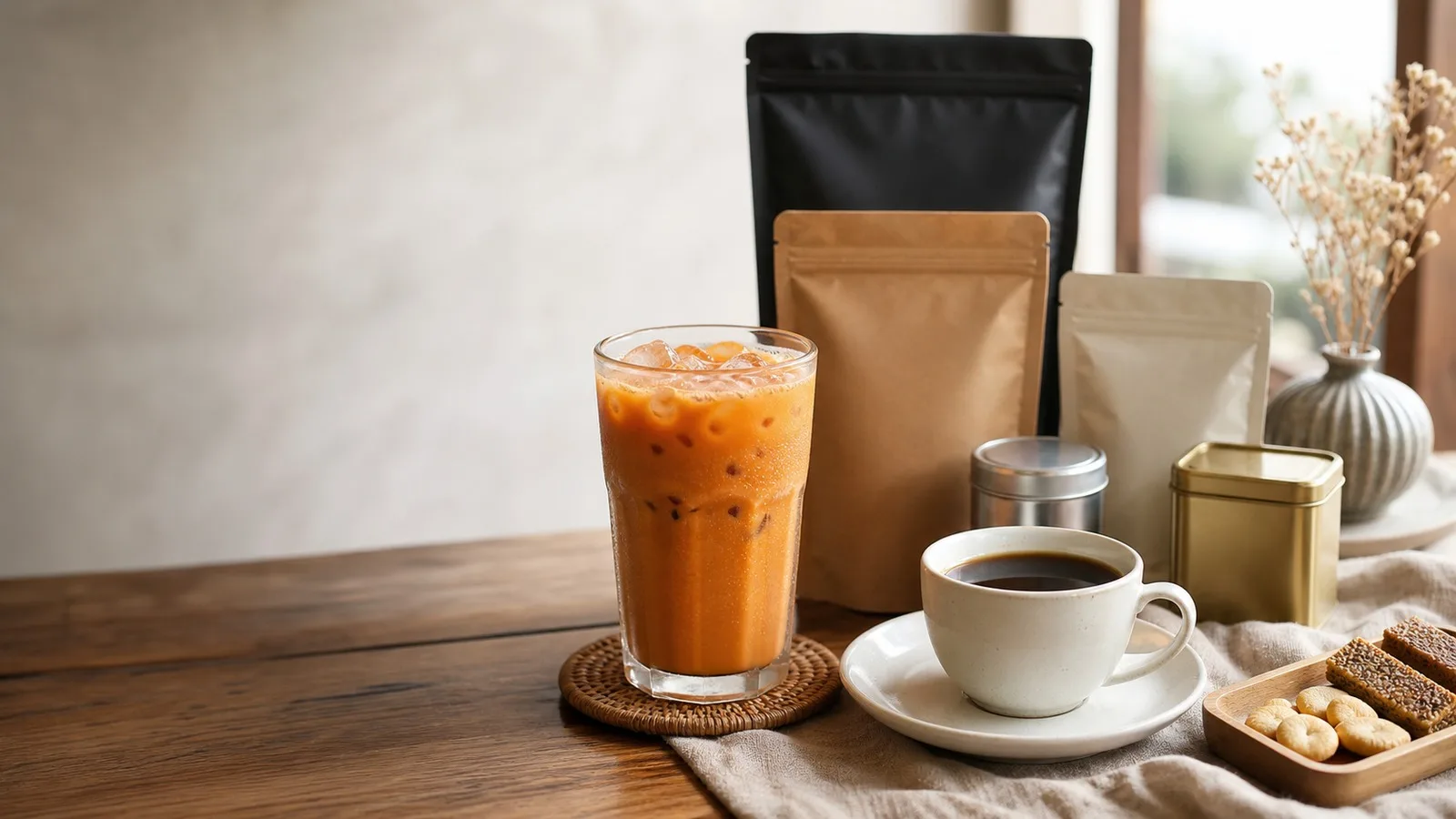 Warm photorealistic cafe tabletop with iced Thai tea, coffee, generic pantry packs, snack tray, linen, and soft window light