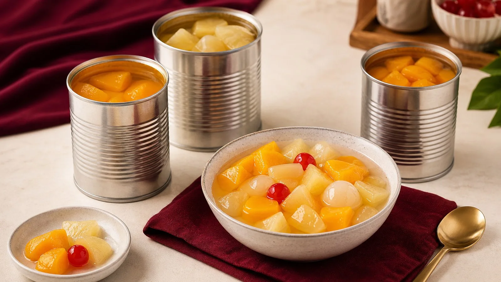 Premium Thai dessert pantry scene with tropical fruit in syrup bowls and unlabeled cans