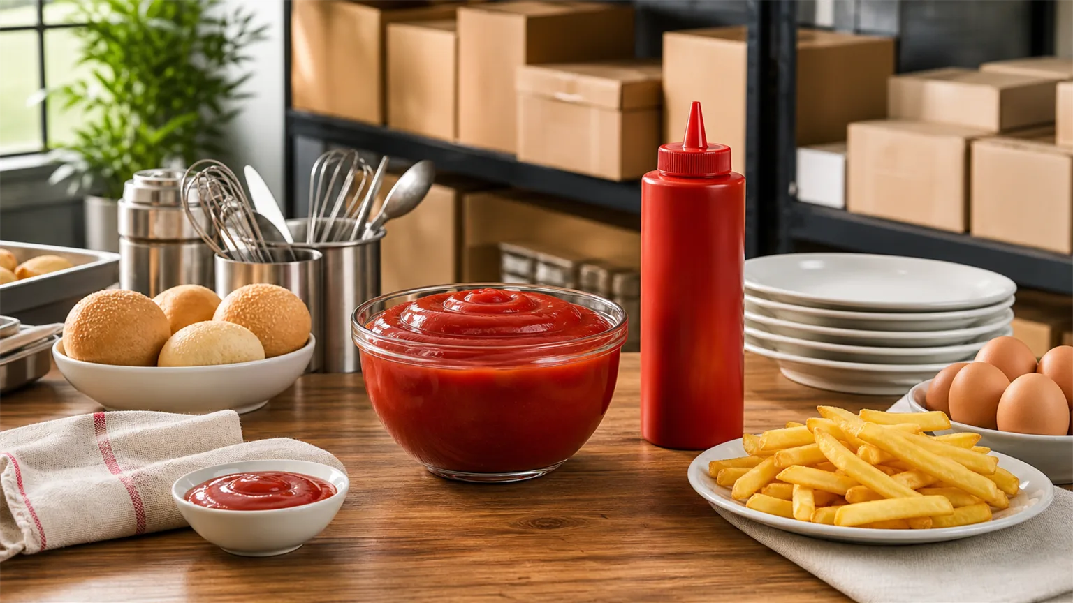 Warm food service pantry tabletop with unbranded tomato ketchup, breakfast plates, fries, eggs, and plain cartons in the background