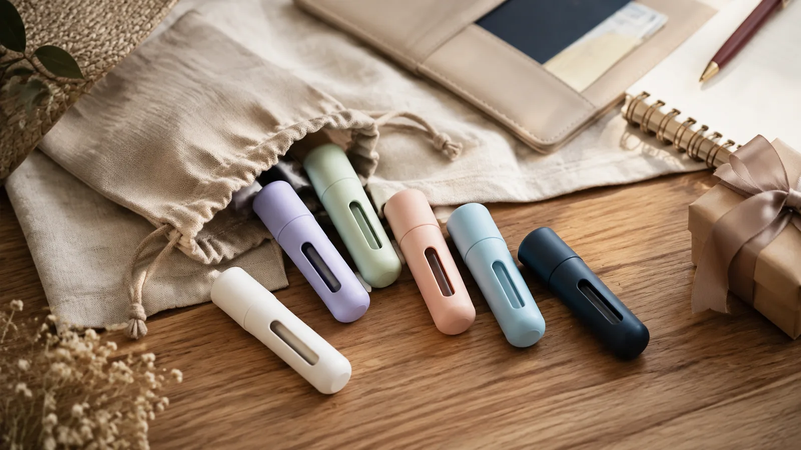 Premium photorealistic 16:9 editorial lifestyle cover showing six small unbranded assorted-color aromatic inhaler style objects neatly arranged in a travel-and-desk organization scene with a linen pouch, passport sleeve, notebook, small gift ribbon, and warm natural light on refined wood and fabric textures, realistic depth of field, generous negative space, no people, no title text, no readable markings, no fake UI, no prices, no labels, no logos, no certifications, no medical or health claims, no collage, no placeholder, no rough cutout