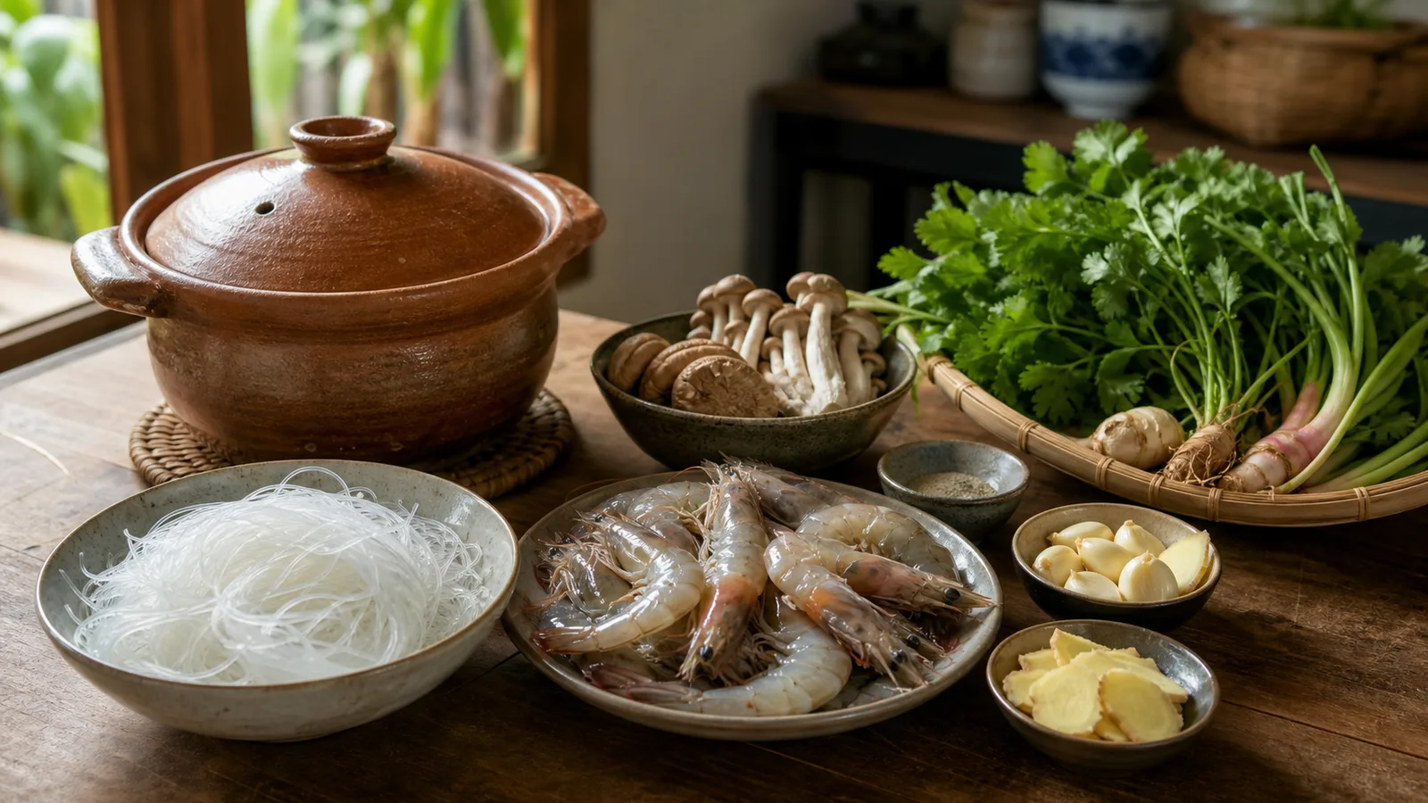 Premium photorealistic Thai kitchen tabletop with a clay pot, glass noodles, shrimp, mushrooms, ginger, garlic, and warm natural light