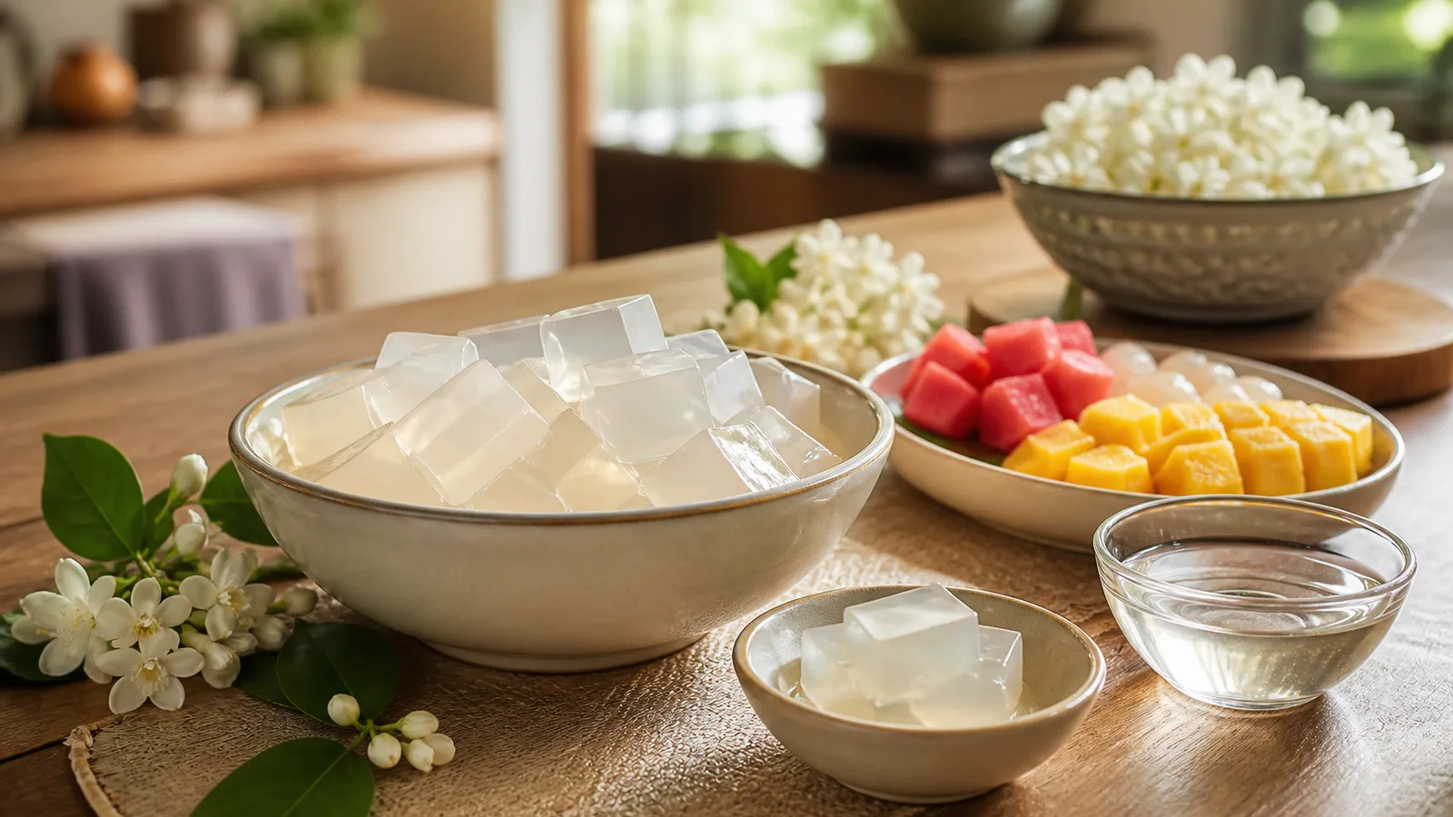 LOBO jasmine agar dessert planning scene with chilled bowls and Thai dessert ingredients