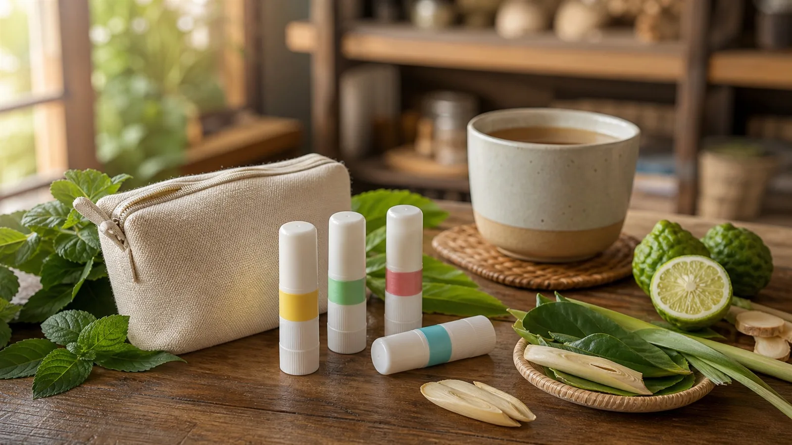 Warm photorealistic Thai pantry tabletop with unbranded aromatic travel set tubes, herbal leaves, travel pouch, tea cup, and soft window light