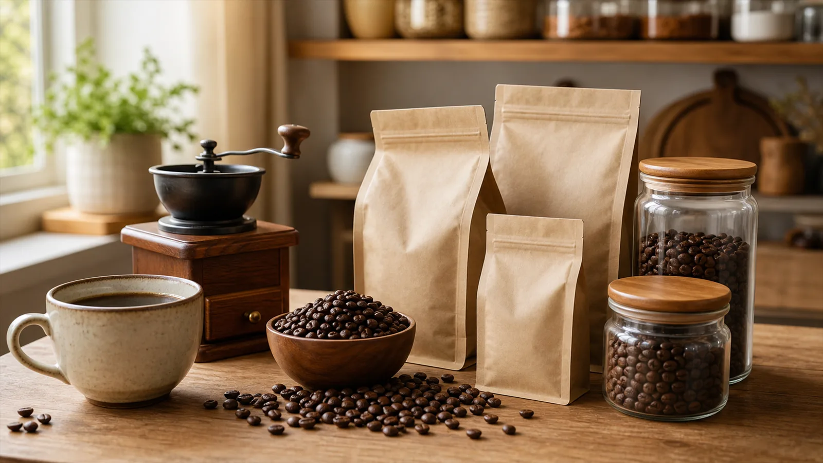 Premium photorealistic coffee storage and brewing scene with whole beans and plain coffee bags in warm natural light with no text or logos