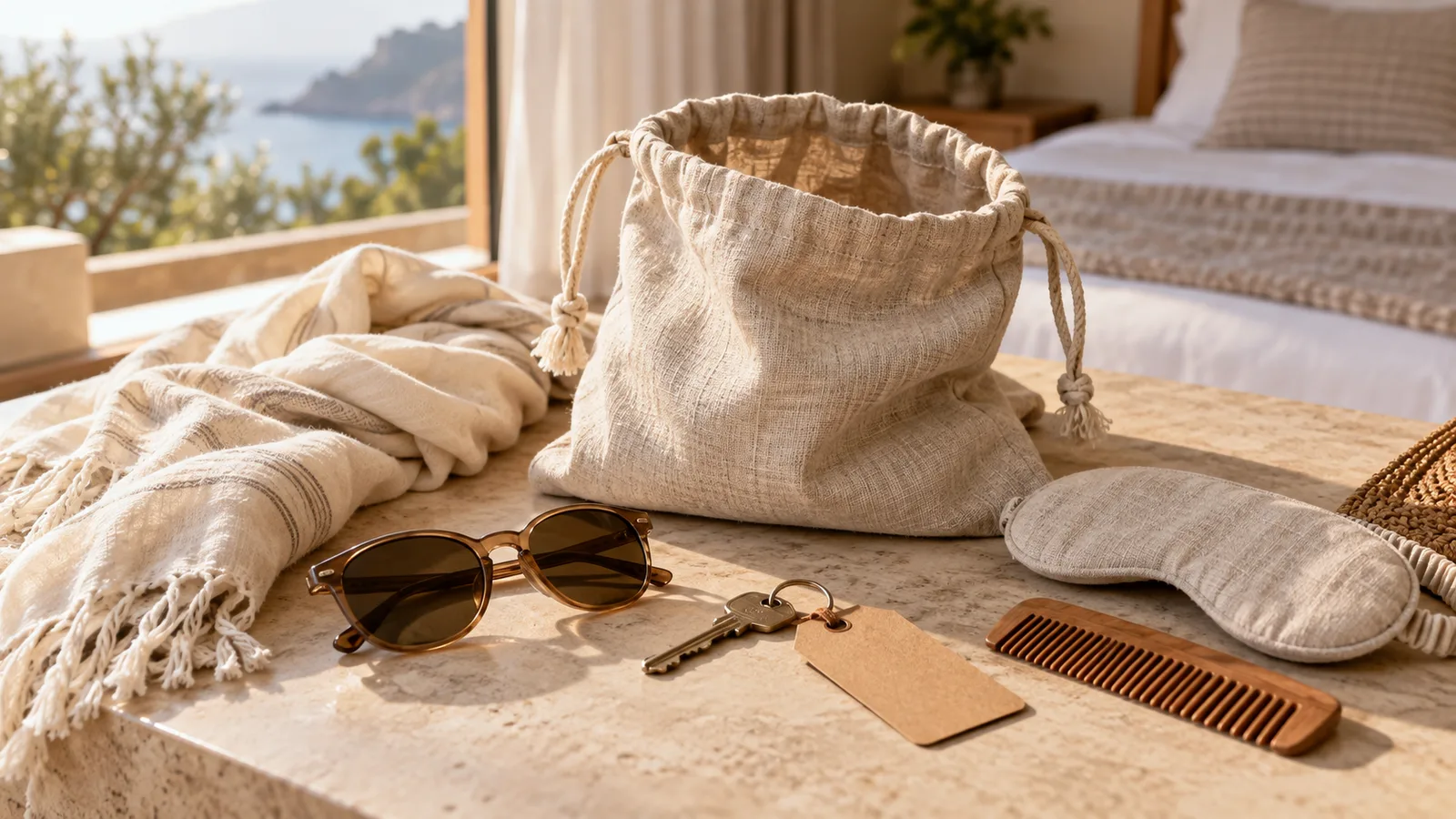 A premium travel packing scene with a linen pouch and neatly arranged neutral travel accessories, without product packaging.