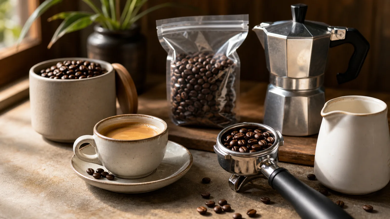 Doi Chaang Espresso Supreme whole bean coffee pantry setup cover with espresso brewing items