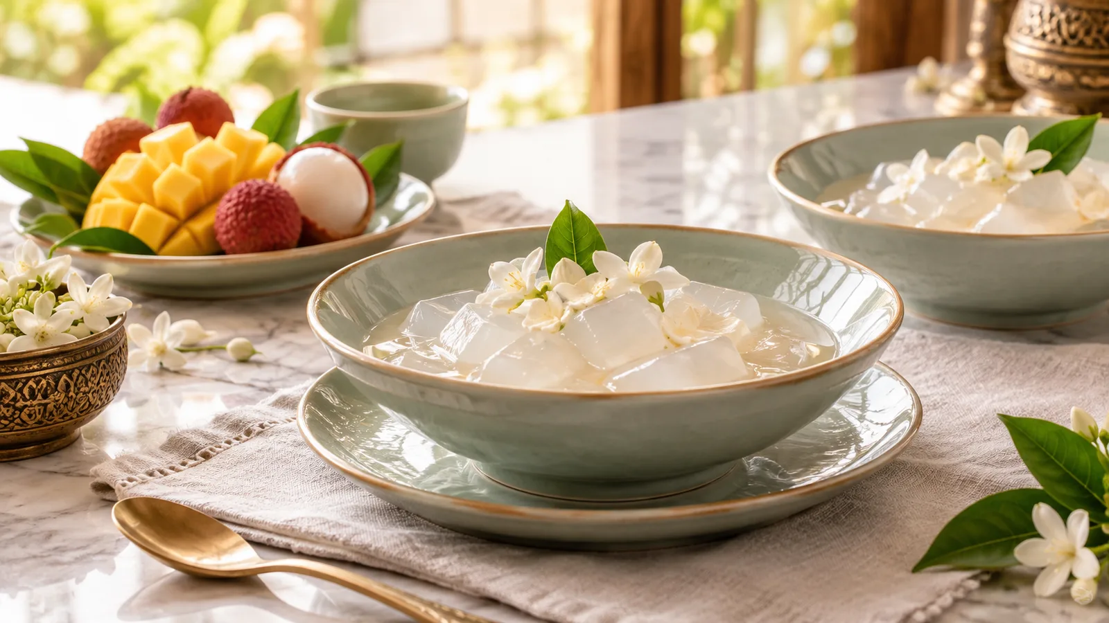 Elegant bowls of pale jasmine-style agar dessert with subtle fruit accents on a refined Thai-inspired table