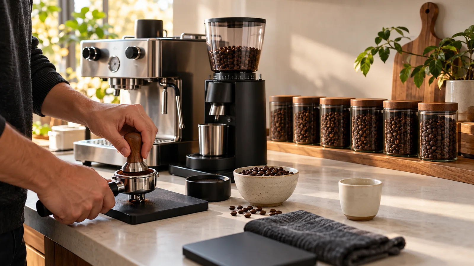 Warm home espresso station with hands preparing coffee, an unbranded grinder and machine, a bowl of whole beans, and simple airtight canisters arranged in the background.
